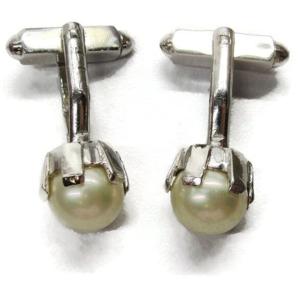 Imitation Pearl Silver Tone Cufflinks Tux Shirt Dress Suit Vintage - Picture 2 of 7